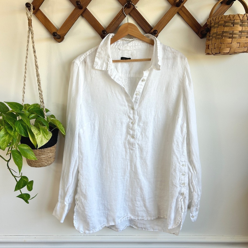 Talbots White 100% Linen Button Side Tunic Top Large Long Sleeve Casual Natural